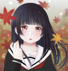Rule 34 | 1girl, autumn leaves, black hair, black shirt, blurry, blurry background, blurry foreground, collarbone, commentary request, depth of field, enma ai, hand up, jigoku shoujo, kozue akari, leaf, long hair, long sleeves, looking at viewer, maple leaf, parted lips, red eyes, sailor collar, school uniform, serafuku, shirt, solo, sparkle, upper body, white sailor collar