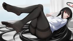 Rule 34 | 1girl, absurdres, ass, bed, bed sheet, black hair, black pantyhose, blue archive, breasts, feet, halo, highres, indoors, j.c.14, large breasts, long hair, long sleeves, lying, on back, open mouth, pantyhose, pillow, red eyes, rio (blue archive), soles, solo, sweater, toes, white sweater