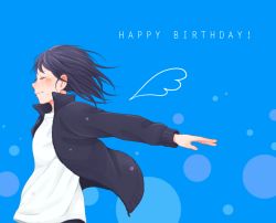 Rule 34 | 1girl, black hair, blush, closed mouth, commentary request, drawn wings, closed eyes, from side, haikyuu!!, happy birthday, jacket, laugh 111, medium hair, mole, mole under mouth, no eyewear, open clothes, open jacket, outstretched arm, shimizu kiyoko, shirt, smile, solo, track jacket, white shirt