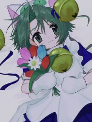 Rule 34 | 1girl, animal ears, animal hands, animal hat, antenna hair, apron, bell, blue dress, blue flower, bouquet, cat ears, cat hat, dejiko, di gi charat, dress, flower, gloves, green hair, hair bell, hair ornament, hat, highres, holding, holding bouquet, looking at viewer, maid apron, mittens, paw gloves, pepeppepe101, pink flower, pink tulip, puffy short sleeves, puffy sleeves, red flower, red tulip, short hair, short sleeves, tulip, white apron, white flower, white mittens