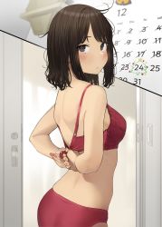 Rule 34 | 1girl, adjusting underwear, arms behind back, blush, bra, brown eyes, brown hair, calendar (object), commentary request, douki-chan (douki-chan), from behind, ganbare douki-chan, highres, looking at viewer, messy hair, panties, red bra, red panties, short hair, solo, underwear, underwear only, yomu (sgt epper)