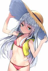 Rule 34 | 1girl, aqua eyes, arms up, bikini, blue hair, blush, breasts, closed mouth, collarbone, commentary request, cowboy shot, hair between eyes, halterneck, hands on headwear, hat, hibiki (kancolle), highres, kantai collection, kure (kure ng), long hair, navel, open clothes, open vest, pink bikini, sidelocks, simple background, small breasts, smile, solo, stomach, straw hat, string bikini, swimsuit, thighs, unzipped, very long hair, vest, white background, yellow vest