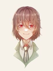 Rule 34 | 1boy, akechi gorou, artist name, brown hair, buttons, closed mouth, collar, commentary, green shirt, hair between eyes, highres, light brown background, looking at viewer, meowpie, messy hair, necktie, persona, persona 5, portrait, red eyes, shirt, short hair, smile, solo, striped necktie, vertical-striped clothes, vertical-striped necktie, white collar