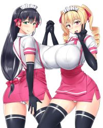 Rule 34 | 2girls, akiha (mayoiga no onee san), ass, black gloves, black hair, black legwear, breasts, drill hair, elbow gloves, female focus, gloves, green eyes, hair ornament, hair ribbon, highres, holding hands, huge breasts, impossible clothes, impossible shirt, interlocked fingers, licking lips, long hair, looking at viewer, looking back, maid headdress, mayoiga no onee san, microskirt, miniskirt, multiple girls, nanae, natsuki (mayoiga no onee san), open mouth, panties, pantylines, pantyshot, puffy nipples, red eyes, ribbon, shirt, simple background, skirt, standing, thighhighs, thighs, tongue, tongue out, twintails, underwear, waitress, white background, white panties, white shirt
