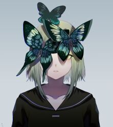 Rule 34 | 1girl, absurdres, black shirt, bug, butterfly, butterfly on face, butterfly over eye, closed mouth, collarbone, expressionless, facing viewer, gradient background, green butterfly, green eyes, green hair, grey hair, gumi, highres, insect, light particles, one eye covered, sailor collar, shirt, short hair, simple background, solo, upper body, vocaloid, waterlily (waterlily202209), white background