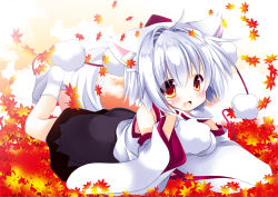 Rule 34 | 1girl, animal ears, autumn leaves, bare shoulders, blush, breasts, detached sleeves, hat, hikanyan, inubashiri momiji, leaf, looking at viewer, lying, on stomach, open mouth, pom pom (clothes), red eyes, short hair, silver hair, solo, tail, tokin hat, touhou, wolf ears, wolf tail