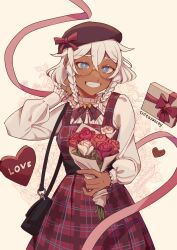 Rule 34 | 1girl, absurdres, bag, black bag, blonde hair, blue eyes, bouquet, bow, bowtie, box, box of chocolates, braid, dress, floral background, flower, glasses, hat, highres, holding, holding bouquet, looking at viewer, original, plaid, plaid skirt, puffy sleeves, red ribbon, ribbon, round eyewear, shirt, shoulder bag, skirt, smile, solo, tasalisay, teeth, twin braids, valentine, white shirt