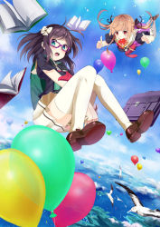 Rule 34 | bag, balloon, bird, book, bookbag, bread slice, falling, food, food in mouth, glasses, green eyes, hair ribbon, huyumitsu, mouth hold, open mouth, original, parachute, red eyes, ribbon, school uniform, seagull, skirt, skydive, thighhighs, toast, toast in mouth, zettai ryouiki