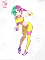 Rule 34 | 1girl, absurdres, artist request, bare shoulders, breasts, character name, collarbone, copyright name, dolphin wave, fingerless gloves, full body, gloves, grey hair, helly lewis, highres, leaning forward, logo, looking at viewer, medium breasts, midriff, multicolored hair, navel, pants, pink hair, shiny clothes, shoes, short hair, simple background, skin tight, sleeveless, smile, stomach, two-tone hair, yellow eyes, yoga pants