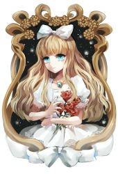 Rule 34 | 1girl, bad id, bad pixiv id, blonde hair, blue eyes, bow, dress, flower, hair bow, jewelry, junekun, long hair, necklace, original, simple background, solo, white background, white dress