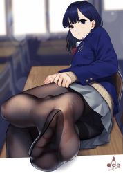 Rule 34 | 1girl, arm up, artist name, ass, black pantyhose, blue eyes, blue hair, blue jacket, blunt bangs, blurry, blurry background, blush, bokeh, bow, bowtie, breasts, cardigan, chair, classroom, closed mouth, collared shirt, day, depth of field, desk, feet, foreshortening, grey skirt, highres, infinote, jacket, lace, lace-trimmed panties, lace trim, long hair, looking at viewer, lying, miru tights, mole, mole under eye, nakabeni yua, necktie, no shoes, on side, outside border, panties, panties under pantyhose, pantyhose, pleated skirt, red neckwear, school chair, school uniform, shirt, sidelocks, skirt, smile, soles, solo, thighband pantyhose, toes, underwear, white shirt, window
