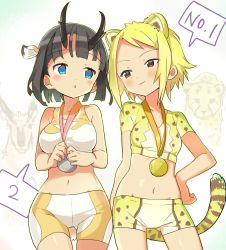 Rule 34 | 2girls, animal ears, bad id, bad pixiv id, bare shoulders, black hair, blonde hair, blouse, blue eyes, breasts, brown eyes, cheetah ears, cheetah tail, commentary request, cowboy shot, extra ears, hand on own hip, horns, medal, medium breasts, midriff, multiple girls, navel, original, print shirt, rassie s, shirt, short hair, short shorts, short sleeves, shorts, simple background, sleeveless, sleeveless shirt, small breasts, smug, tail, triangle mouth