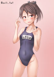 Rule 34 | 1girl, alternate costume, anti (untea9), blue one-piece swimsuit, breasts, brown eyes, brown hair, collarbone, covered navel, cowboy shot, embarrassed, gradient background, hair between eyes, highres, kantai collection, looking at viewer, medium hair, name tag, new school swimsuit, one-piece swimsuit, open mouth, pink background, ponytail, school swimsuit, shikinami (kancolle), small breasts, solo, swimsuit, twitter username
