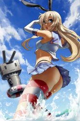Rule 34 | 10s, 1girl, :o, ass, bare shoulders, blonde hair, blue eyes, breasts, cloud, crop top, crop top overhang, day, elbow gloves, eu03, gloves, highres, kantai collection, lifebuoy, long hair, looking back, midriff, miniskirt, open mouth, panties, pantyshot, rensouhou-chan, revision, shimakaze (kancolle), shiny skin, skindentation, skirt, sky, small breasts, solo, splashing, striped clothes, striped thighhighs, swim ring, thighhighs, thighs, thong, underwear, upskirt, water