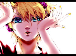 Rule 34 | 1boy, akiakane, blonde hair, blue eyes, close-up, eyelashes, face focus, facing viewer, hair between eyes, hair over one eye, headphones, highres, kagamine len, letterboxed, looking at viewer, male focus, migikata no chou (vocaloid), nail polish, official art, out of frame, portrait, sailor collar, short hair, simple background, solo, vocaloid, white background, yellow nails