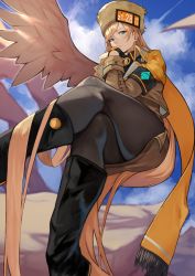 Rule 34 | 1girl, absurdres, bad id, bad twitter id, black footwear, black gloves, black pantyhose, blonde hair, blue eyes, blue sky, boots, closed mouth, cloud, cloudy sky, commentary request, crossed legs, day, fingerless gloves, fur hat, gloves, guilty gear, guilty gear strive, hat, highres, knee boots, lips, long hair, long sleeves, looking at viewer, millia rage, outdoors, pantyhose, simple background, single wing, sitting, skirt, sky, solo, ushanka, very long hair, wings, yoshio (55level)