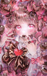 Rule 34 | 1girl, absurdres, artist name, blush, bow, bowtie, brown bow, brown bowtie, brown hair, candy, chocolate, choker, closed mouth, collared dress, commentary, dress, eating, english commentary, fingernails, flower, food, hair bow, hair ornament, hands up, heart, heart-shaped pupils, heart hair ornament, heart in eye, highres, jewelry, long fingernails, long hair, long sleeves, looking to the side, nail polish, onene, original, pink bow, pink choker, pink dress, pink eyes, pink flower, pink nails, pink rose, red bow, ring, rose, signature, solo, symbol-shaped pupils, symbol in eye, twintails, upper body, valentine, white dress