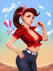 Rule 34 | 1girl, bangle, belt, blue pants, blue sky, bracelet, breasts, brown eyes, brown hair, character name, cleavage, clothes pull, cloud, cloudy sky, collarbone, contrapposto, cowboy shot, cruiser d.va, d.va (overwatch), day, earrings, eyelashes, eyeliner, eyeshadow, fingernails, front-tie top, gabriel carrasquillo, hair ribbon, hairband, hand on own hip, hand up, highres, hoop earrings, jewelry, legs together, lipstick, long hair, looking at viewer, makeup, mascara, medium breasts, no bra, nose, official alternate costume, outdoors, overwatch, overwatch 1, pants, pink hairband, pink ribbon, plaid, plaid shirt, ponytail, pulled by self, red lips, red shirt, ribbon, shirt, shirt pull, short sleeves, sky, smile, solo, standing, swept bangs, unbuttoned, unbuttoned shirt, white belt