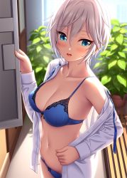 Rule 34 | 1girl, anastasia (idolmaster), bare shoulders, blue bra, blue eyes, blue panties, blush, bra, breasts, cleavage, collarbone, collared shirt, dress shirt, highres, idolmaster, idolmaster cinderella girls, large breasts, long sleeves, looking at viewer, navel, nazu-na, off shoulder, open clothes, open mouth, open shirt, panties, shirt, short hair, silver hair, solo, thighs, underwear, white shirt