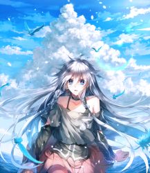 Rule 34 | 1girl, ahoge, bare shoulders, blue eyes, braid, choker, cloud, day, feathers, highres, ia (vocaloid), kuga huna, long hair, messy hair, off shoulder, silver hair, single thighhigh, sky, solo, thighhighs, twin braids, very long hair, vocaloid, voiceroid
