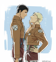 Rule 34 | 2boys, bertolt hoover, blonde hair, brown hair, eye contact, feet out of frame, from side, hand on another&#039;s chin, looking at another, male focus, multiple boys, nene (10575936), reiner braun, shingeki no kyojin, short hair, sideburns, three-dimensional maneuver gear, yaoi