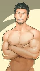 Rule 34 | 1boy, abs, bara, beard, black hair, completely nude, crossed arms, facial hair, green eyes, gyee, highres, itto (mentaiko), large pectorals, looking at viewer, male focus, manly, muscular, navel, nipples, nude, out-of-frame censoring, pectorals, priapus (gyee), solo, tattoo, upper body