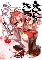 Rule 34 | 1girl, arm up, bandaged arm, bandages, breasts, bun cover, character name, commentary request, cuffs, double bun, female focus, flower, hair bun, ibaraki kasen, large breasts, looking at viewer, open mouth, pink flower, pink rose, red eyes, red hair, rose, shackles, shirt, solo, tabard, touhou, umigarasu (kitsune1963), upper body