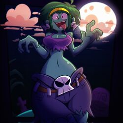 Rule 34 | 1girl, artist request, bare shoulders, breasts, cleavage, colored skin, crop top, earrings, green hair, green skin, highres, jewelry, large breasts, moon, rottytops, shantae (series), short hair, skull print, sleeveless, teeth, tongue, tongue out, zombie