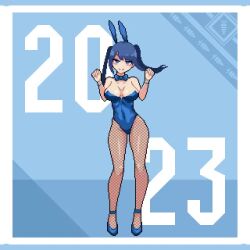 Rule 34 | 1girl, 2023, animated, animated gif, blue eyes, blue hair, blue leotard, blush, bouncing breasts, breasts, cleavage, closed mouth, dancing, demonlordraizen, detached collar, detached sleeves, fishnet pantyhose, fishnets, happy new year, high heels, large breasts, leotard, looking at viewer, new year, original, pantyhose, pixel art, rabbit ears, smile, solo, tagme, twintails, video