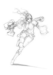 Rule 34 | 1girl, breasts, greyscale, highres, huge weapon, long hair, monochrome, muju, ponytail, robin (the iconoclasts), running, sketch, solo, the iconoclasts, weapon, wrench