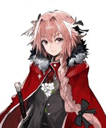 Rule 34 | 1boy, alchemaniac, astolfo (fate), black ribbon, braid, cape, commentary, fate/grand order, fate (series), flower, formal, grin, hair ribbon, long hair, looking at viewer, male focus, pink eyes, pink hair, red cape, ribbon, simple background, smile, solo, suit, sword, trap, tress ribbon, upper body, weapon, white background
