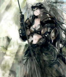 Rule 34 | 1girl, armor, armored dress, breasts, grey eyes, head wings, highres, long hair, md5 mismatch, original, polearm, resolution mismatch, silver hair, solo, source larger, spear, toi8, valkyrie, weapon, wings