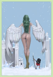 Rule 34 | 1girl, ass, back, bird legs, border, chipped sword, commentary request, completely nude, contrapposto, crossed ankles, facing away, feathered wings, feathers, from behind, green border, green hair, harpy, highres, long hair, monet (one piece), monster girl, nude, nudist, one piece, outdoors, revision, snow, standing, sword, thigh gap, thunder soldier, wavy hair, weapon, white wings, winged arms, wings, youno senichi