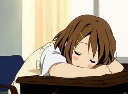 Rule 34 | 1girl, animated, animated gif, blush, blush stickers, breathing, brown hair, brown vest, chair, classroom, closed eyes, desk, dot nose, hair ornament, hairclip, hirasawa yui, indoors, k-on!, leaning forward, open mouth, sakuragaoka high school uniform, school uniform, screencap, shirt, short hair, short sleeves, sleeping, sleeveless, solo, sweater vest, teeth, upper teeth only, vest, white shirt, window