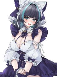 Rule 34 | 1girl, :d, aqua hair, azur lane, black hair, blue bow, blue dress, blue eyes, blue wrist cuffs, blush, bow, breasts, cheshire (azur lane), cleavage, cowboy shot, detached sleeves, dot nose, dress, frilled dress, frills, gloves, hair bow, hair intakes, head tilt, highres, large breasts, looking at viewer, medium hair, multicolored hair, open mouth, simple background, smile, solo, streaked hair, two-tone hair, white background, white gloves, wrist cuffs, xin hong