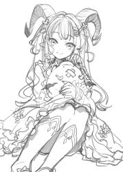 Rule 34 | 1girl, closed mouth, copyright request, dress, fingernails, goat horns, greyscale, highres, horizontal pupils, horns, ito noizi, legs together, long sleeves, looking at viewer, monochrome, nail polish, simple background, sitting, sketch, smile, solo, white background