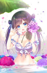 Rule 34 | 1girl, :d, bare shoulders, bikini, black hair, blue bow, blue eyes, blue flower, blush, bow, breasts, cleavage, collarbone, commentary request, double bun, flower, front-tie bikini top, front-tie top, groin, hair bow, hair bun, hands up, head tilt, holding, holding flower, hydrangea, large breasts, long hair, navel, open mouth, original, pink flower, purple flower, rain, red flower, signature, smile, solo, standing, swimsuit, twintails, very long hair, water, white bikini, yuutsuki hina