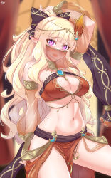Rule 34 | 1girl, absurdres, arada (corsair zero), arm behind head, arm up, armlet, bare shoulders, belly chain, bikini, blonde hair, blush, bracelet, bracer, breasts, brooch, circlet, cleavage, detached sleeves, elf, fire hair ornament, hair ornament, highres, hypnosis, jewelry, large breasts, long hair, looking at viewer, mind control, mouth veil, navel, neck ring, o-ring, official alternate costume, orange bikini, pointy ears, princess connect!, purple eyes, saren (princess connect!), saren (sarasaria) (princess connect!), sarong, sidelocks, smile, solo, swimsuit, thighs, variant set, veil
