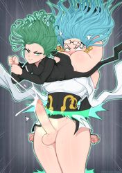 Rule 34 | 2girls, afrobull, ass, between thighs, black dress, blue hair, breasts, cum, dress, earrings, ejaculation, erection, face in ass, futa with female, futanari, glasses, green eyes, green hair, grin, handjob, handsfree ejaculation, highres, jewelry, large breasts, large penis, long hair, long sleeves, looking at viewer, multiple girls, one-punch man, penis, projectile cum, psychos (one-punch man), restrained, rolling eyes, sitting, sitting on face, sitting on person, small breasts, smile, tatsumaki, telekinesis, testicles, thighs, two-handed handjob, uncensored