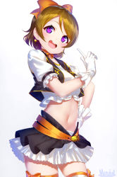 Rule 34 | 1girl, :d, artist name, belt, black vest, blush, bow, brown hair, choker, cowboy shot, crop top, cropped vest, earrings, frilled sleeves, frills, hair bow, hand on own hip, heart, heart earrings, highres, index finger raised, jewelry, koizumi hanayo, layered skirt, looking at viewer, love live!, love live! school idol festival, love live! school idol project, marshall (wahooo), miniskirt, navel, open clothes, open mouth, open vest, orange bow, orange choker, orange ribbon, ponytail, puffy short sleeves, puffy sleeves, purple eyes, ribbon, ribbon choker, short hair, short sleeves, simple background, sketch, skirt, smile, solo, standing, stomach, swept bangs, tareme, thighhighs, vest, white background, white thighhighs, zettai ryouiki
