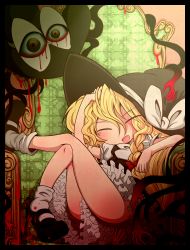 Rule 34 | 1girl, :d, absurdres, black footwear, black headwear, black vest, blonde hair, blood, blood drip, blush, bow, brown eyes, closed eyes, commentary request, cookie (touhou), crossed legs, dripping, frilled skirt, frills, full body, hair between eyes, hair bow, hat, hat bow, highres, kirisame marisa, living clothes, long hair, mary janes, open mouth, red bow, shirt, shoes, sitting, skirt, smile, socks, suzu (cookie), throne, touhou, vest, white bow, white shirt, white socks, witch hat, zat (nicoseiga16862246)