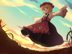 Rule 34 | 1girl, :d, aki minoriko, apron, barefoot, black ribbon, blonde hair, breasts, brown dress, cloud, dress, feet, fisheye, full body, grass, hat, long sleeves, looking at viewer, mob cap, open mouth, outdoors, outstretched arms, red apron, red eyes, red hat, ribbon, short hair, small breasts, smile, solo, street dog, touhou, twilight, wheat, wide sleeves, zun (style)