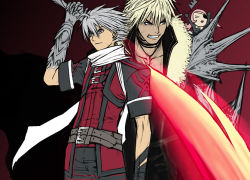 Rule 34 | 1girl, 2boys, almira, arm up, black gloves, black shirt, blonde hair, buckle, clenched teeth, feel, gloves, holding, holding sword, holding weapon, leon, multiple boys, over zenith, scarf, shirt, silver hair, sword, teeth, vest, weapon