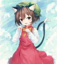 Rule 34 | 1girl, :d, animal ears, ar (maeus), blush, bow, bowtie, brown eyes, brown hair, cat ears, cat tail, chen, cloud, day, dress, earrings, fang, green hat, hat, highres, jewelry, light blush, long sleeves, looking at viewer, mob cap, multiple tails, nekomata, open mouth, outdoors, paw pose, shirt, short hair, single earring, skin fang, sky, smile, solo, tail, touhou, two tails, white shirt