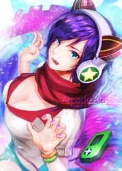 Rule 34 | 1girl, ahri (league of legends), alternate costume, animal ears, arcade ahri, bad id, bad pixiv id, bibico, blue eyes, bracelet, breasts, character name, cleavage, fang, fox ears, fox tail, headphones, jewelry, large breasts, league of legends, midriff, mole, mole under eye, multiple tails, nail polish, open mouth, purple hair, red scarf, scarf, short hair, solo, tail