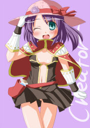 Rule 34 | 1girl, ;d, black dress, blue eyes, blush, bow, breasts, capelet, character name, cleavage, cowboy shot, creator (ragnarok online), dress, gloves, hand on headwear, hand up, hat, hat bow, kikkawa (citrus fruits), living clothes, medium breasts, navel, one eye closed, one side up, open mouth, pink hat, potion, purple background, purple hair, ragnarok online, red bow, red capelet, sharp teeth, short dress, short hair, smile, solo, straw hat, teeth, white gloves, yellow trim