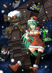 Rule 34 | 1boy, 1girl, arm cannon, armored core, armored core: for answer, blue eyes, breasts, christmas, cleavage, feedback, from software, green hair, hat, large breasts, long hair, may greenfield, md5 mismatch, mecha, ment, merrygate, one eye closed, resolution mismatch, robot, santa costume, santa hat, snow, source larger, thighhighs, weapon, wink
