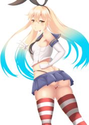 Rule 34 | 10s, 1girl, animal ears, ass, bikini, blush, breasts, rabbit ears, butt crack, hair ornament, kantai collection, sailor, shimakaze (kancolle), skirt, small breasts, solo, swimsuit, thighhighs, thong, white hair, yellow eyes, zukky