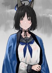Rule 34 | 1girl, absurdres, bags under eyes, black hair, blue archive, blue neckerchief, blue skirt, breasts, cloud, cloudy sky, collarbone, egomeshi, halo, haori, haori on shoulders, highres, japanese clothes, kikyou (blue archive), long sleeves, looking at viewer, neckerchief, rain, sailor collar, school uniform, see-through, see-through shirt, short hair, skirt, sky, solo, upper body, wet, wet clothes