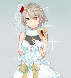 Rule 34 | 1girl, :|, bare shoulders, blush, bracelet, breasts, closed mouth, collarbone, dress, earrings, flower, girls&#039; frontline, gloves, grey hair, hair ornament, jewelry, looking at viewer, medium breasts, necklace, off-shoulder dress, off shoulder, ring, short hair, solo, vector (girls&#039; frontline), wedding band, wedding dress, xiujia yihuizi, yellow eyes